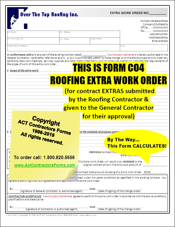 Roofing Contractor Change Orders &amp; Extra Work Order Forms